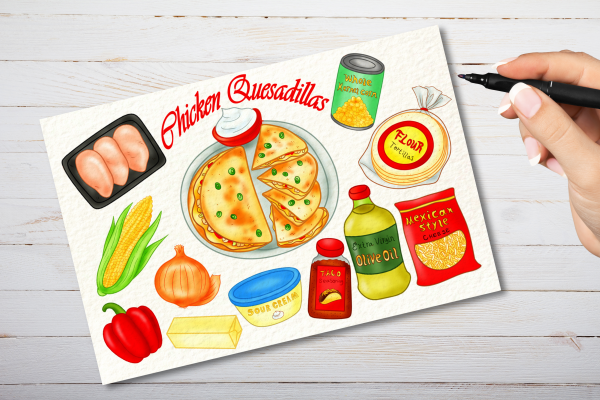 Illustrated Chicken Quesadilla Recipe Postcard