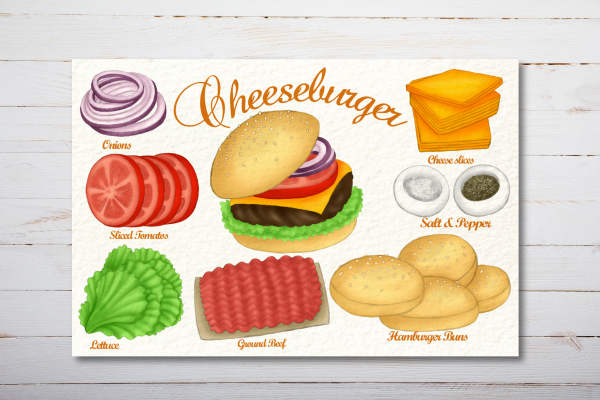 Cheeseburger Recipe Postcard Illustrated