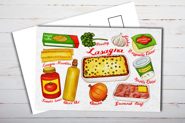Illustrated Lasagna Recipe Postcard