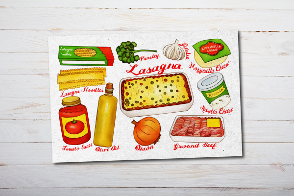 Illustrated Lasagna Recipe Postcard