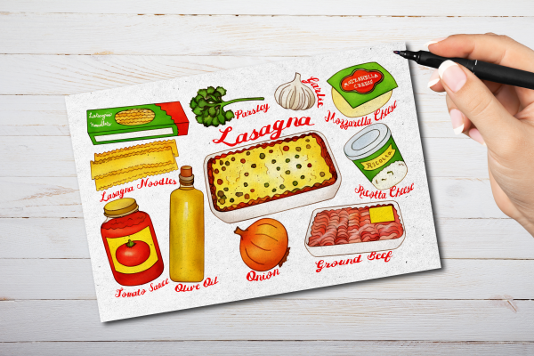 Illustrated Lasagna Recipe Postcard