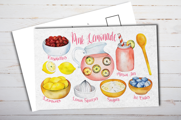 Illustrated Pink Lemonade Recipe Postcard