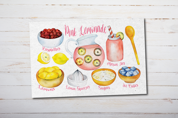 Illustrated Pink Lemonade Recipe Postcard