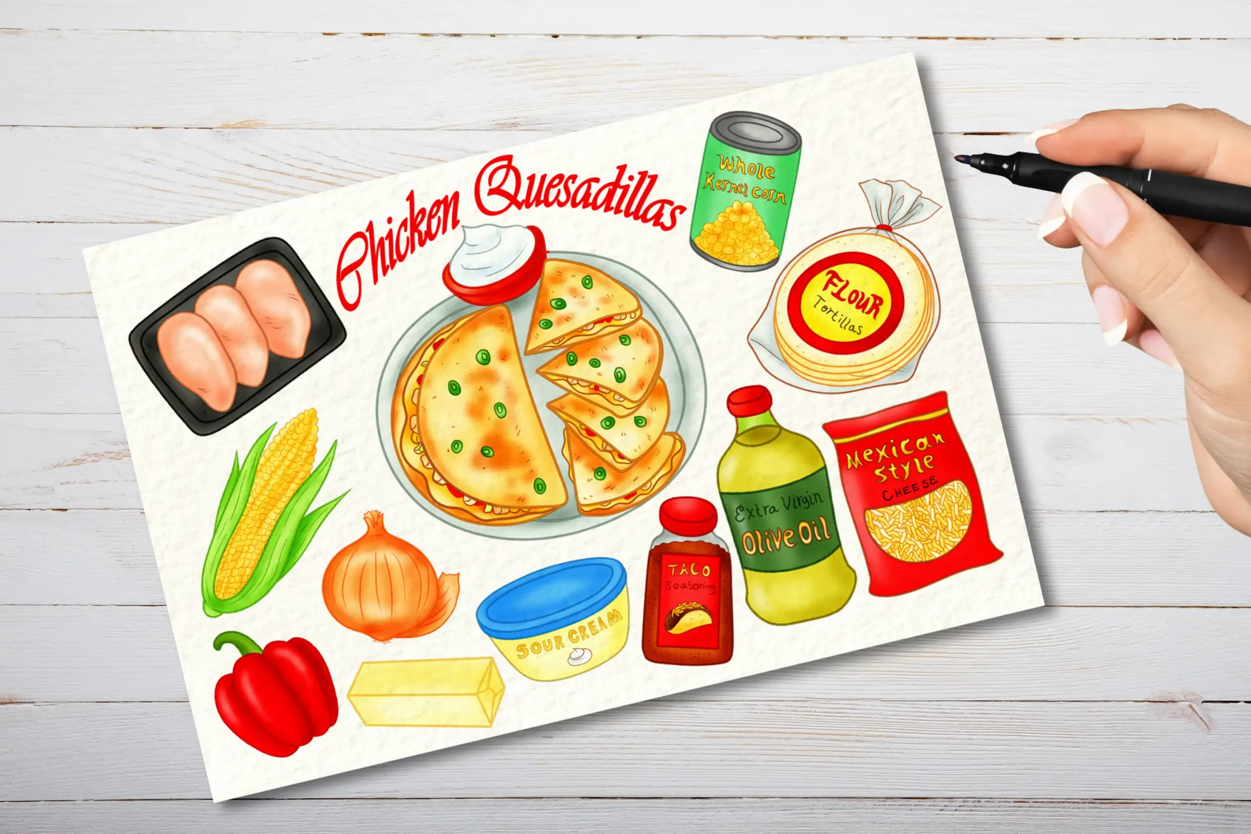 Illustrated Chicken Quesadilla Recipe Postcard