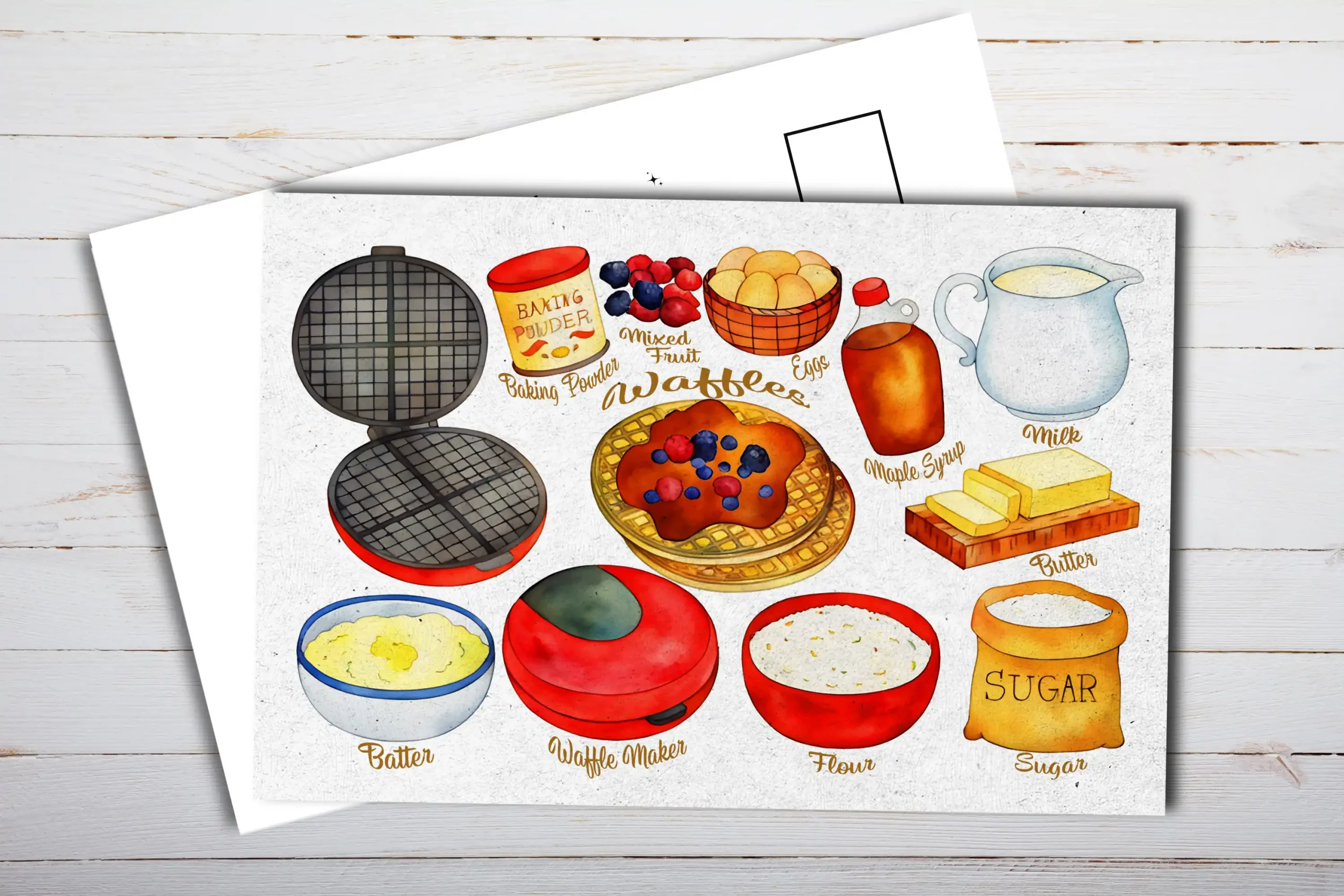 Illustrated Waffle Recipe Postcard